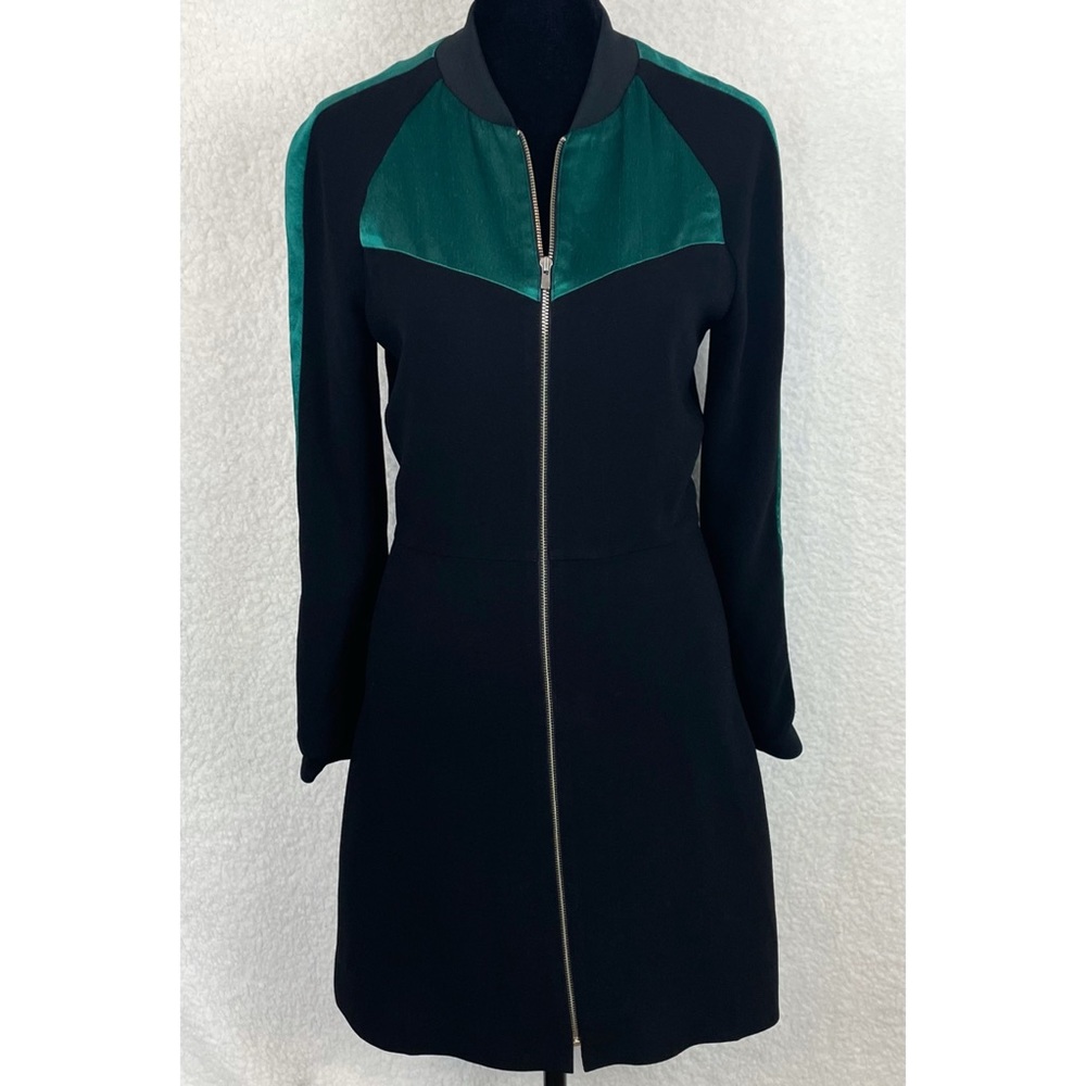 MAJE • Black/Green Rizia Contrast-Inset A-Line Long Sleeve Mini Dress, S - Picture 12 of 16